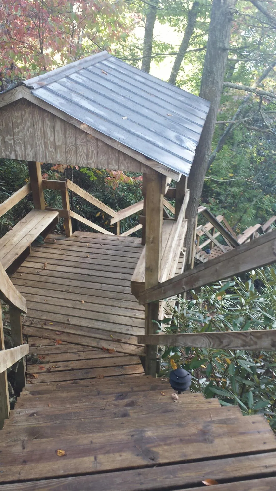 Metal roofed shelter over wooden steps on a wooded walkway — Skylight Repair & Installation work by our crew in Urbana